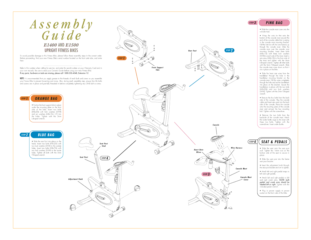 Vision Fitness E1400 manual Pink BAG, E P 1 Orange BAG, Seat & Pedals 