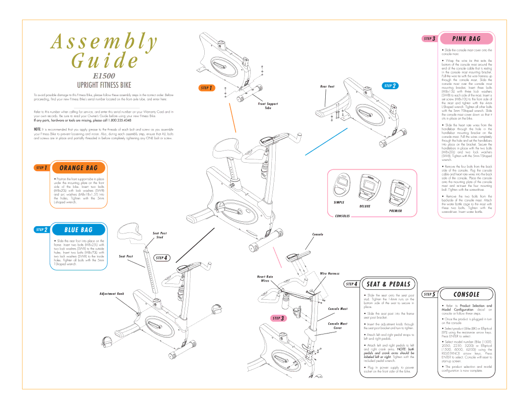 Vision Fitness E1500 manual E P 1 Orange BAG, Seat & Pedals, Console 