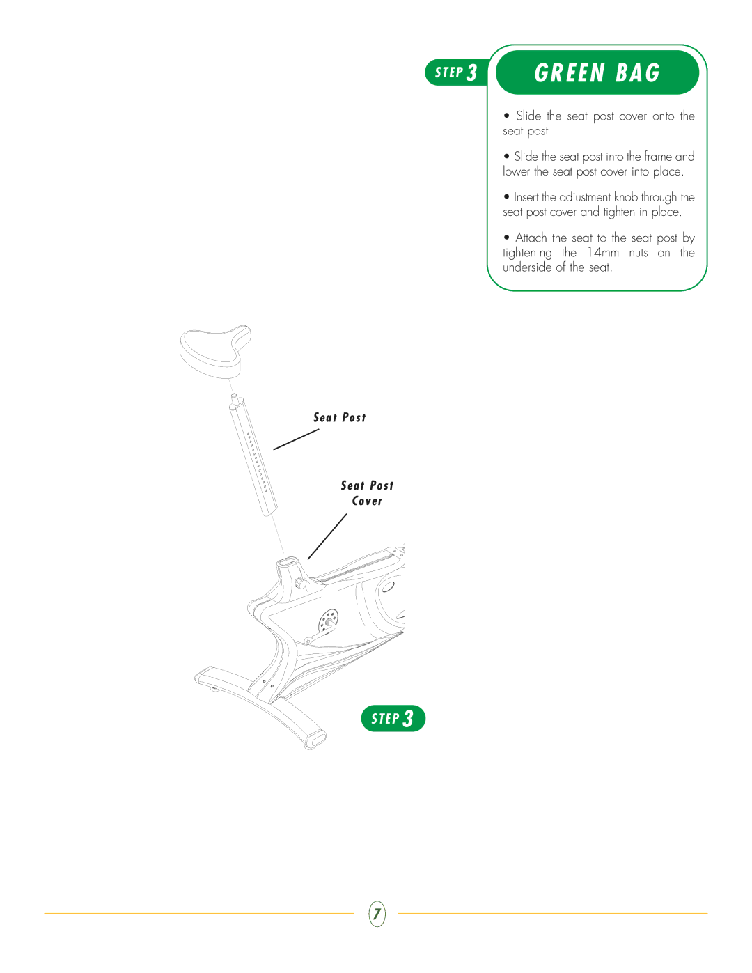Vision Fitness E3000 manual E P 3 Green BAG, Slide the seat post cover onto the seat post 