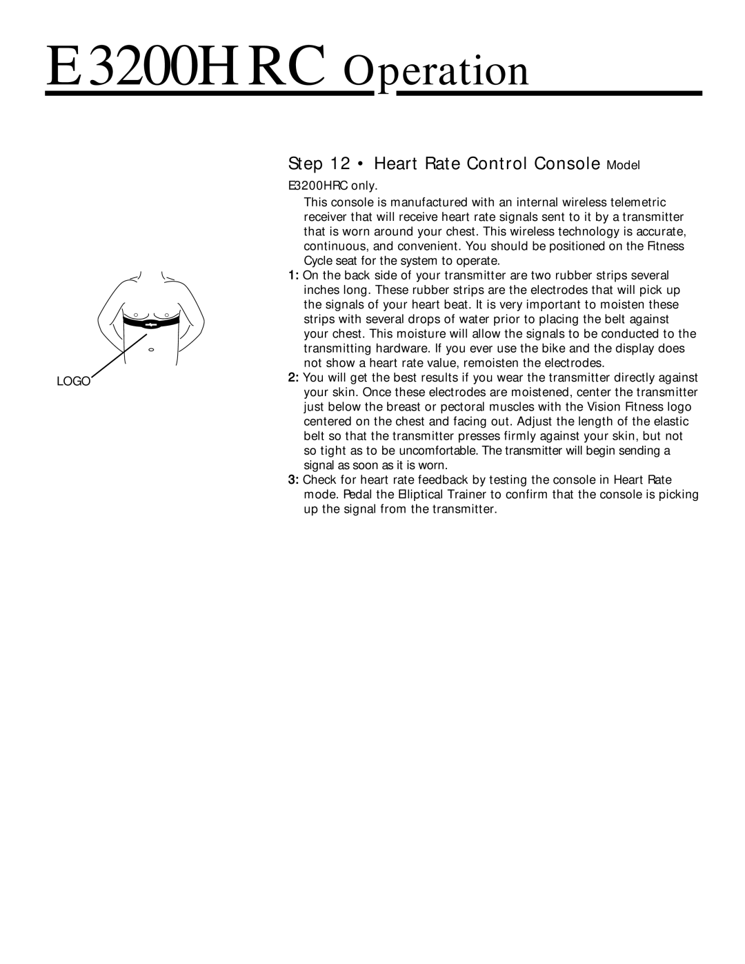Vision Fitness E3100/3200 manual E3200HRC Operation, Heart Rate Control Console Model 