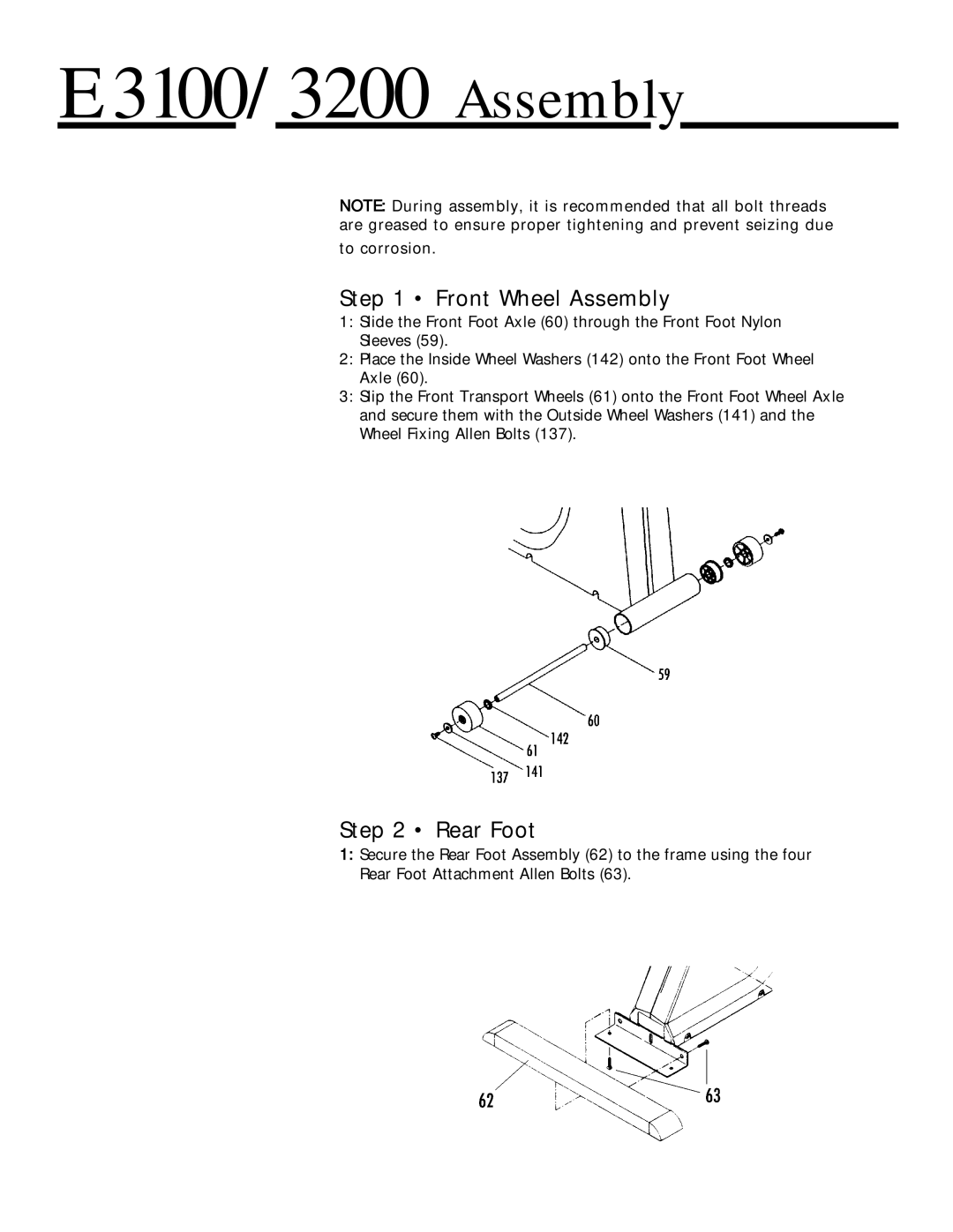 Vision Fitness manual E3100/3200 Assembly, Front Wheel Assembly, Rear Foot 