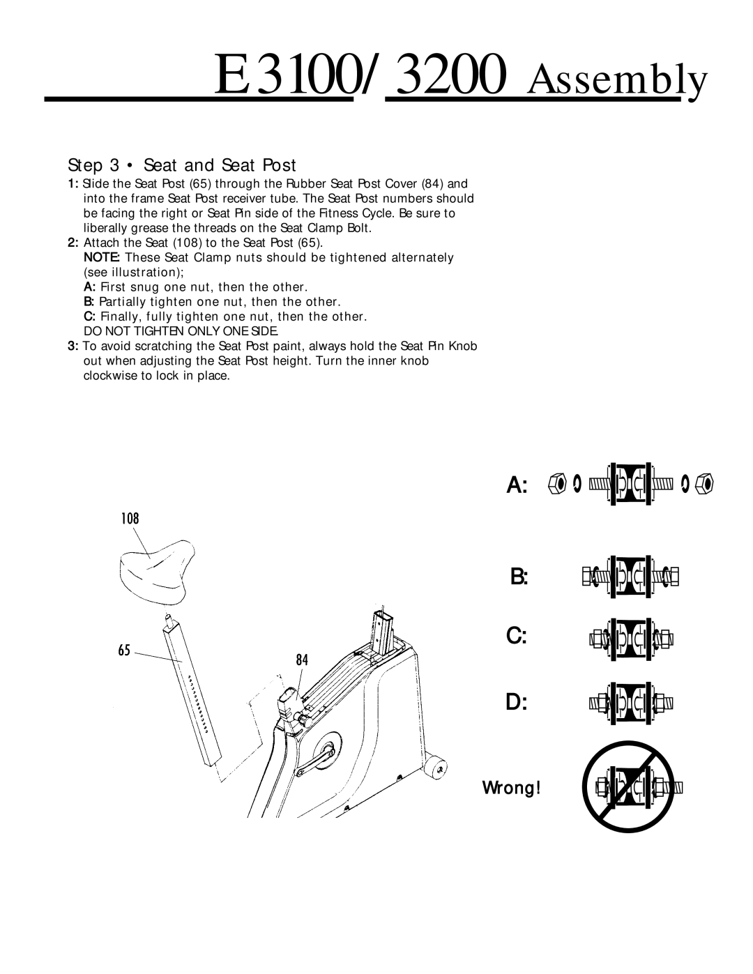 Vision Fitness manual E3100/3200 Assembly, Seat and Seat Post, Wrong 