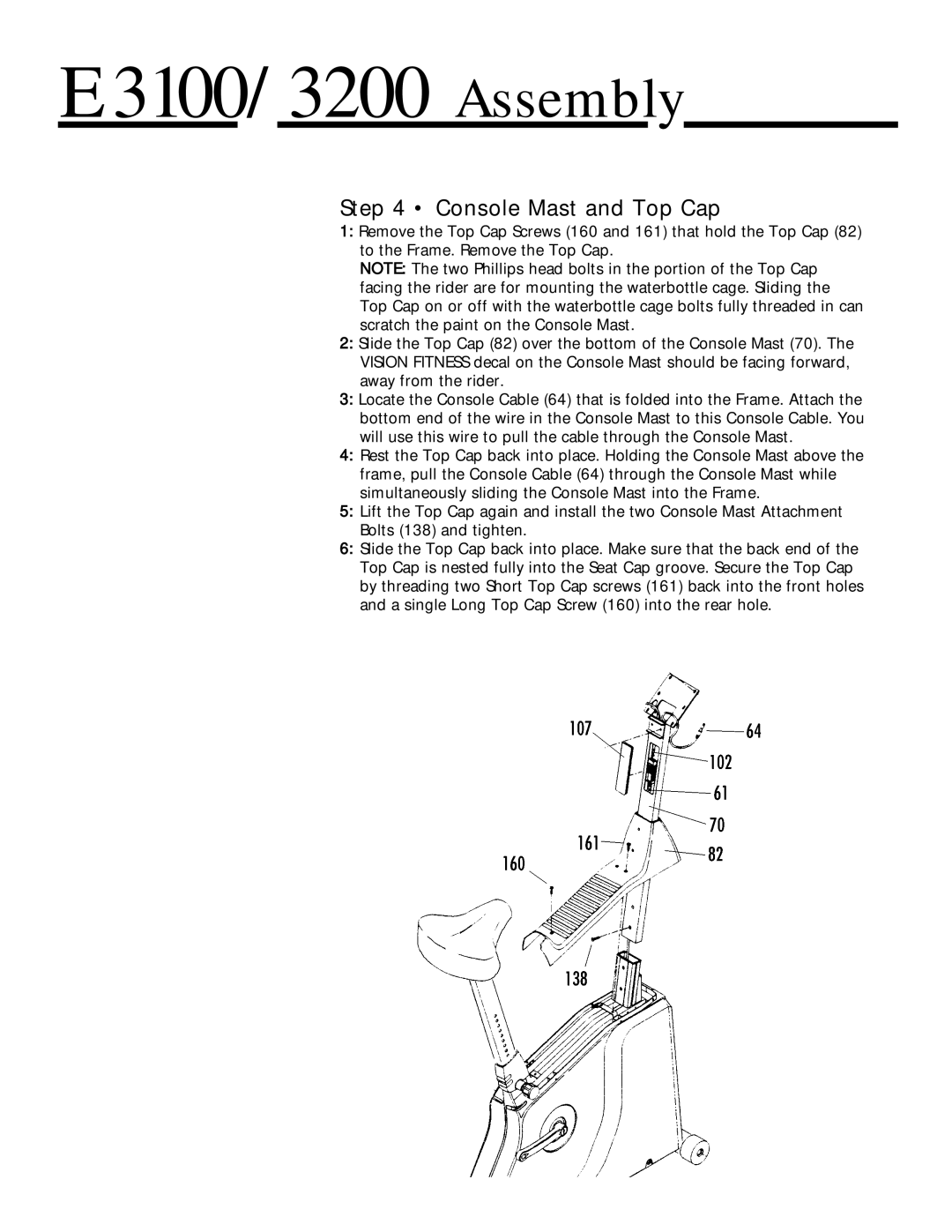 Vision Fitness E3100/3200 manual Console Mast and Top Cap 