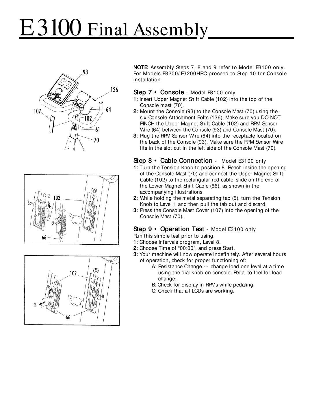 Vision Fitness E3100/3200 manual E3100 Final Assembly, Cable Connection Model E3100 only 