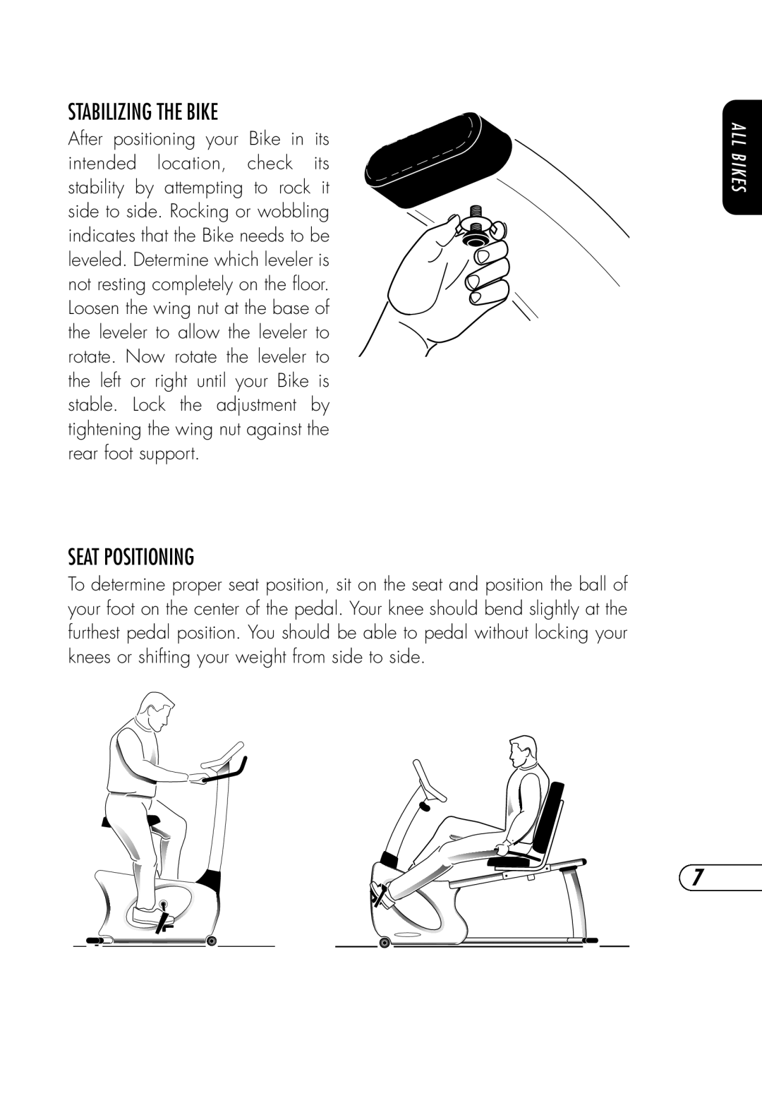 Vision Fitness R2250, E3200 manual Stabilizing Thebike, Seat Positioning 