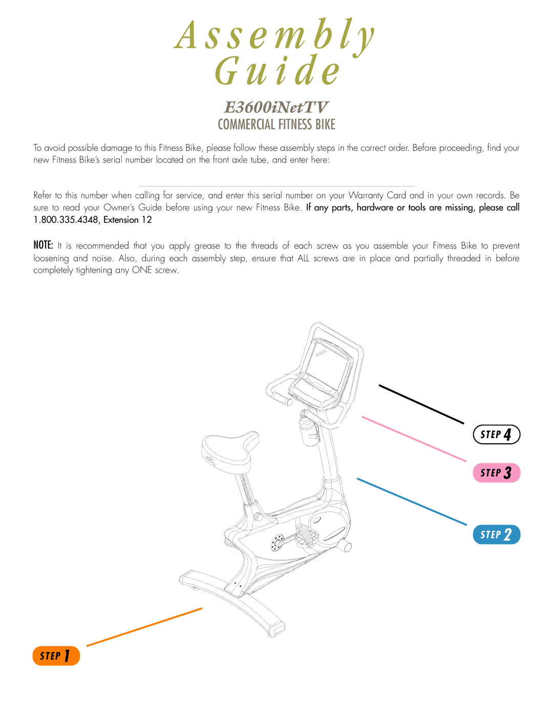 Vision Fitness E3600iNetTV manual S e m b l y I d e 