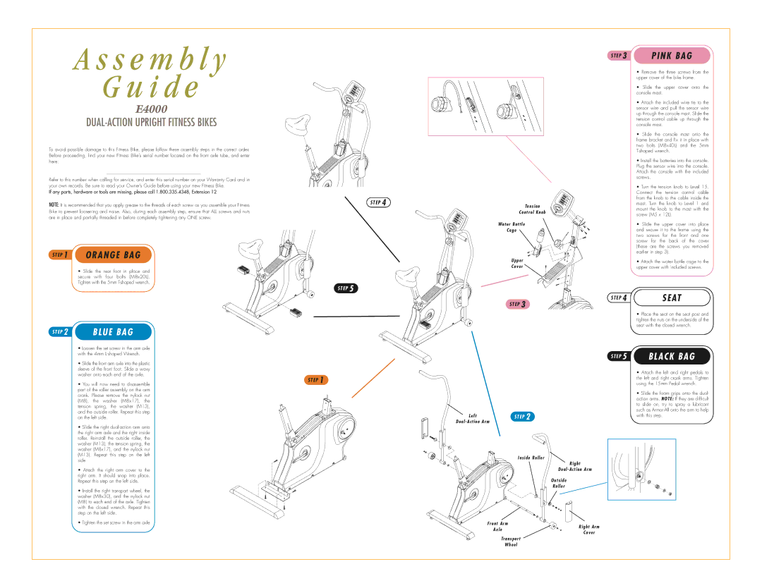 Vision Fitness E4000 manual E P 1 Orange BAG, E P 5 Black BAG 