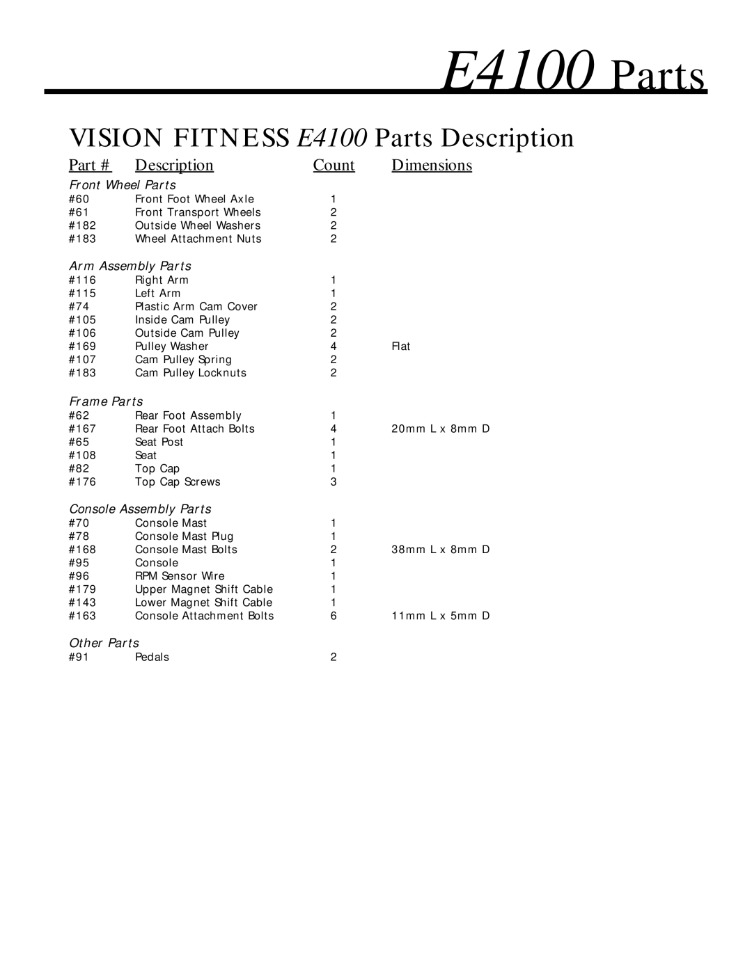 Vision Fitness E4100 manual Description, Dimensions 