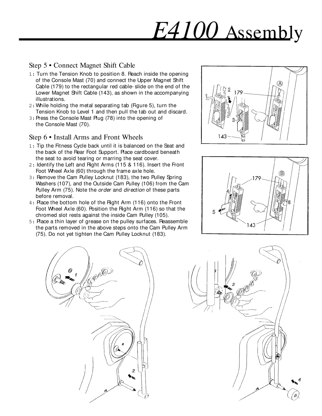 Vision Fitness E4100 manual Connect Magnet Shift Cable, Install Arms and Front Wheels 