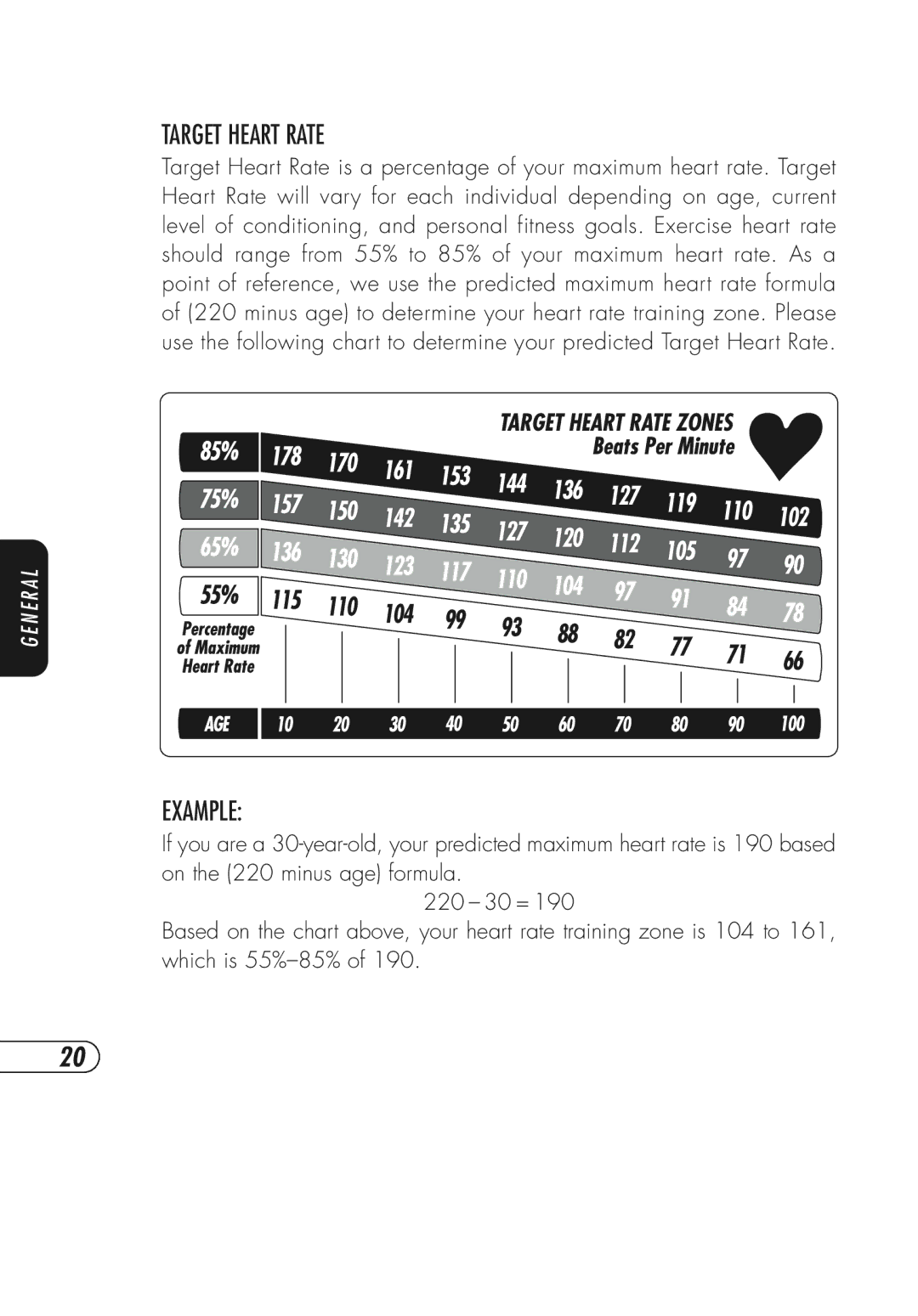 Vision Fitness ES600 manual Target Heart Rate, Example 