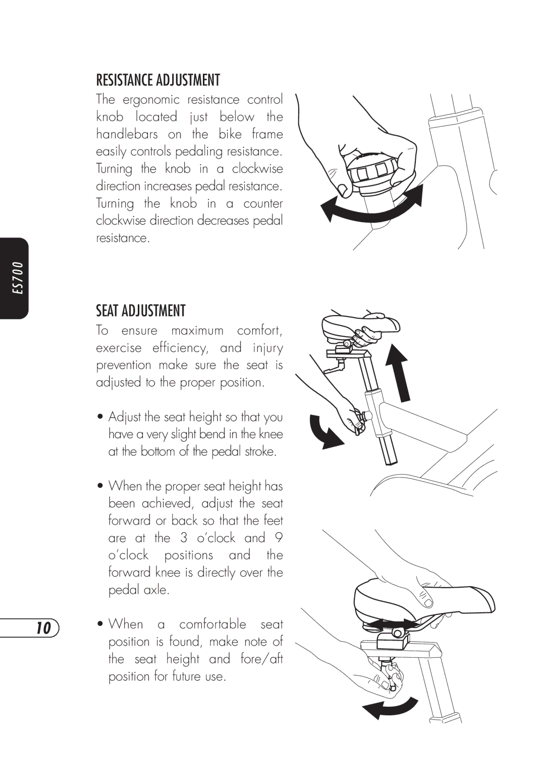 Vision Fitness ES700 manual Resistance Adjustment, Seat Adjustment 