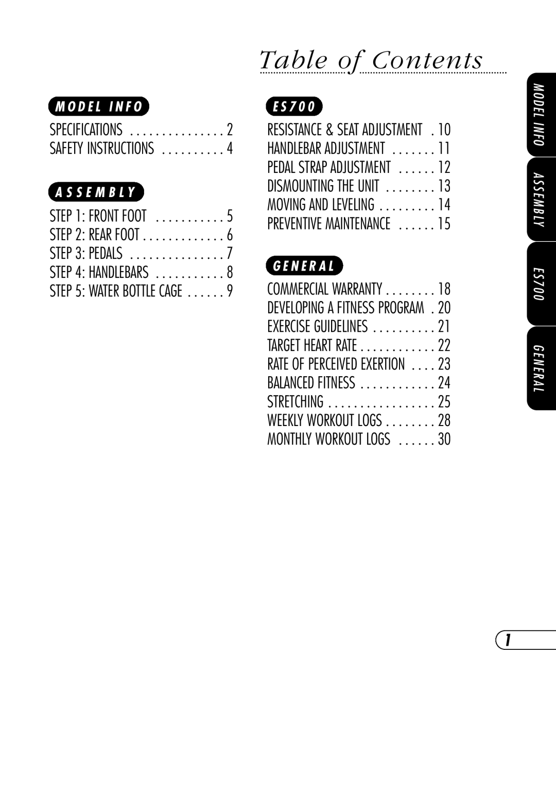 Vision Fitness ES700 manual Table of Contents 