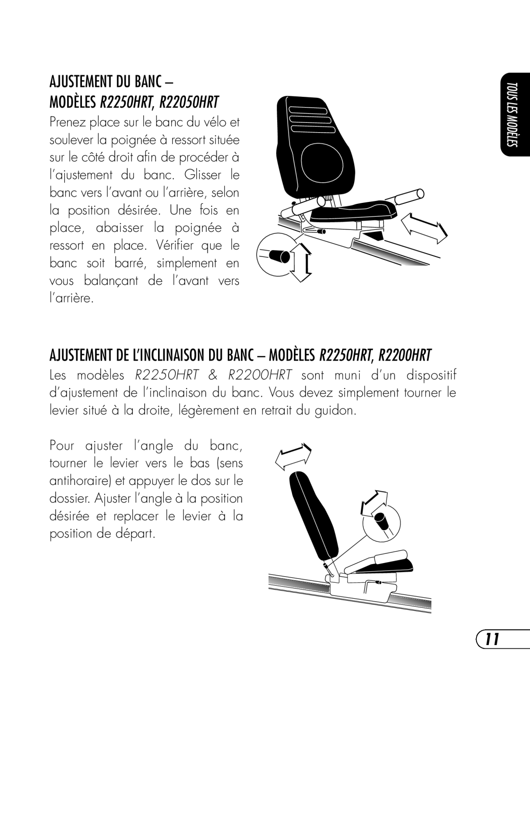 Vision Fitness ET X6200HRT, E3200HRT, R2200HRT, E3100 manual Ajustement DU Banc Modèles R2250HRT, R22050HRT 