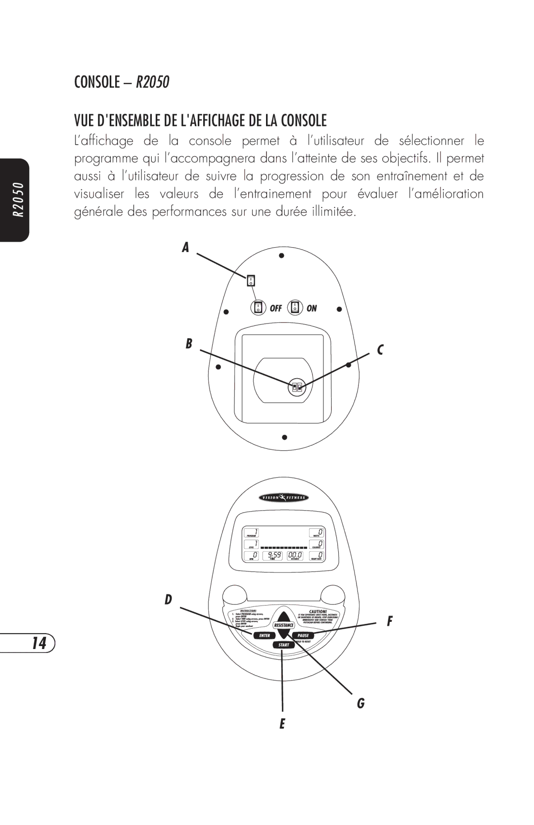 Vision Fitness R2200HRT, ET X6200HRT, E3200HRT, R2250HRT, E3100 manual Console R2050 VUE Densemble DE Laffichage DE LA Console 