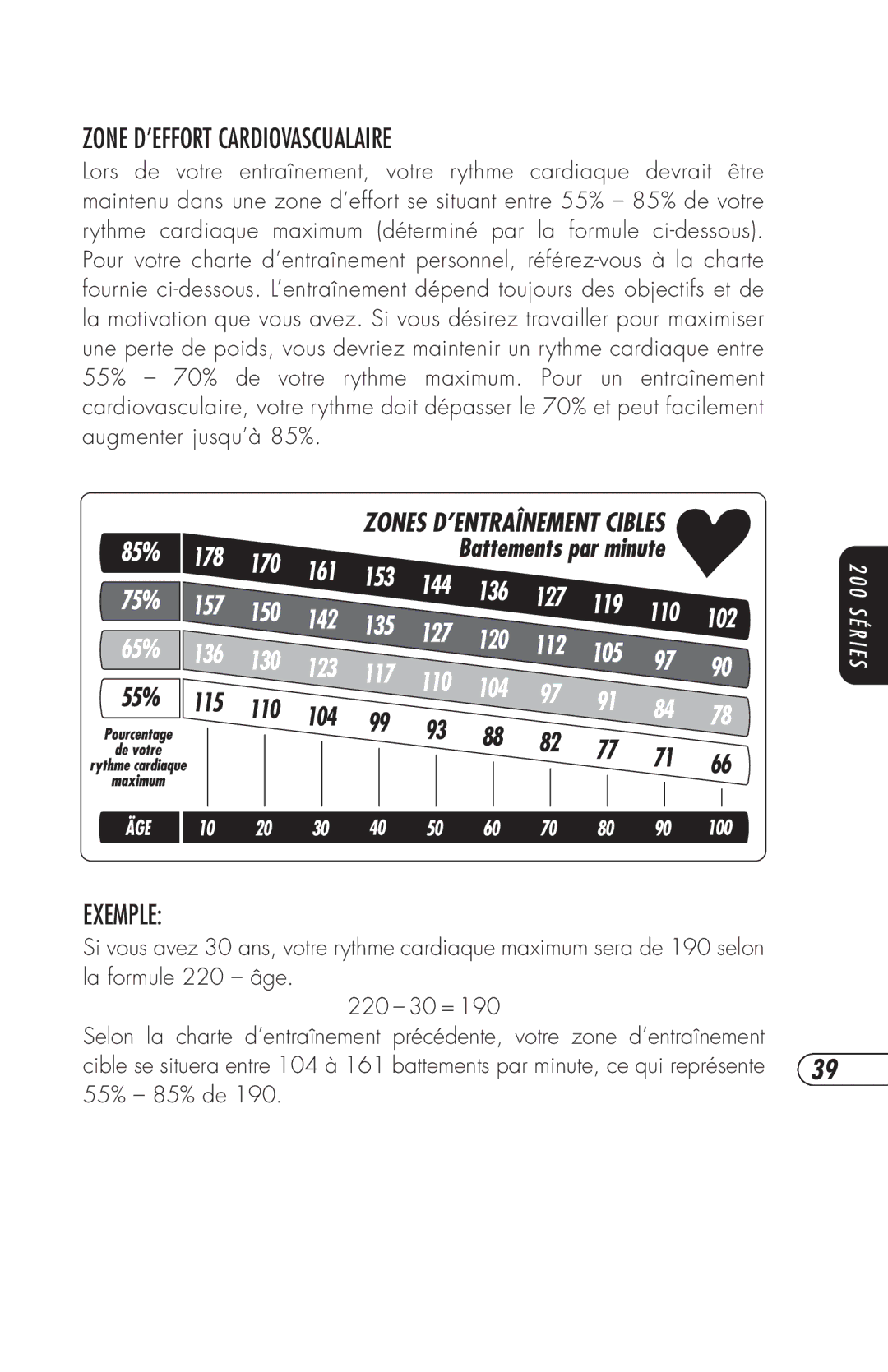 Vision Fitness R2200HRT, ET X6200HRT, E3200HRT, R2250HRT, E3100 manual Zone D’EFFORT Cardiovascualaire, Exemple 