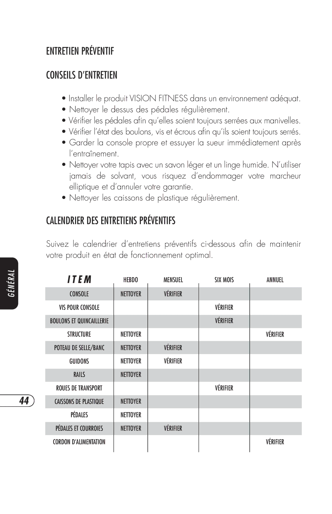 Vision Fitness R2200HRT, ET X6200HRT, E3100 Entretien Préventif Conseils D’ENTRETIEN, Calendrier DES Entretiens Préventifs 