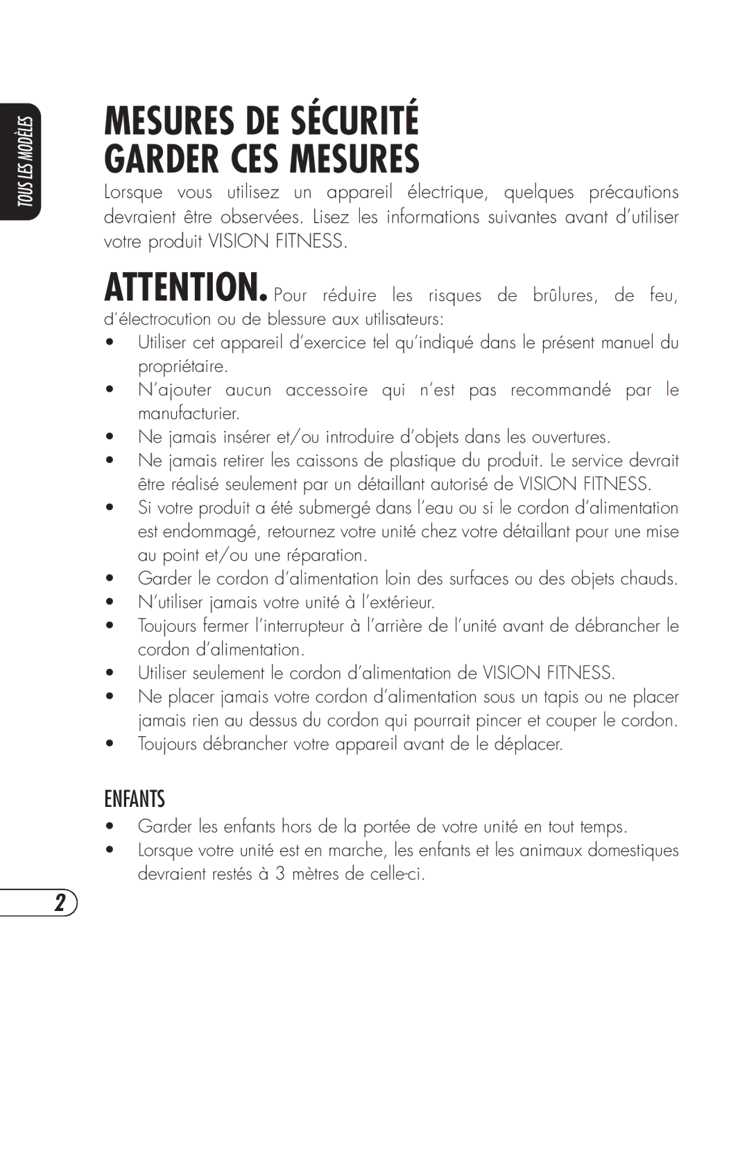 Vision Fitness E3200HRT, ET X6200HRT, R2250HRT, R2200HRT, E3100 manual Mesures DE Sécurité Garder CES Mesures, Enfants 