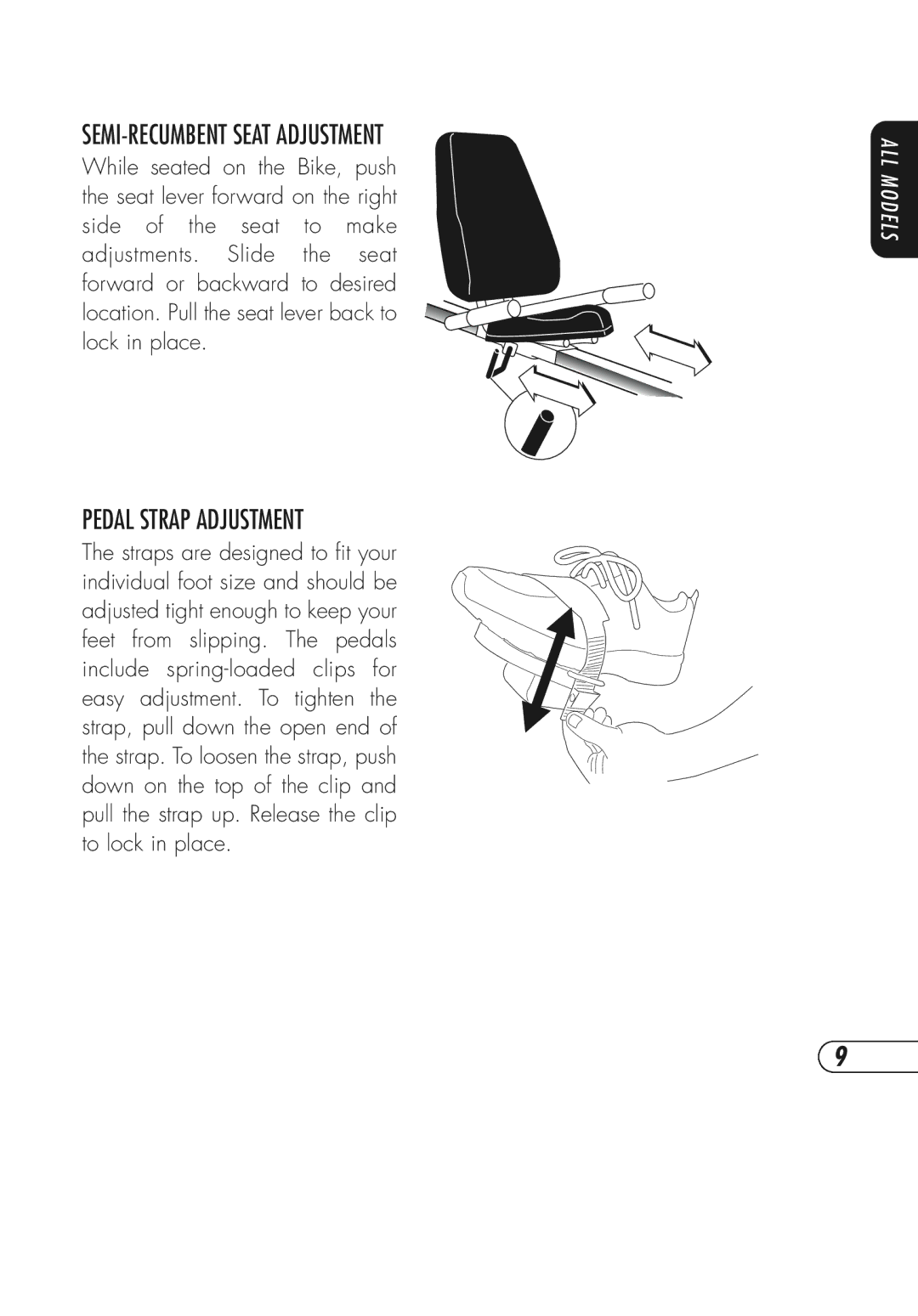 Vision Fitness Fitness Bike manual SEMI-RECUMBENT Seat Adjustment, Pedal Strap Adjustment 