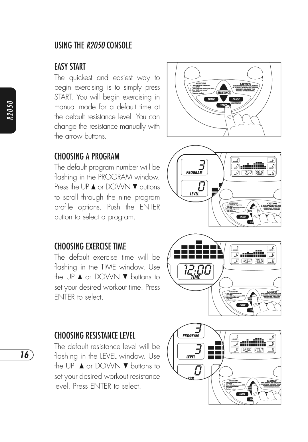 Vision Fitness Fitness Bike manual Using the R2050 Console Easy Start, Choosing a Program, Choosing Exercise Time 