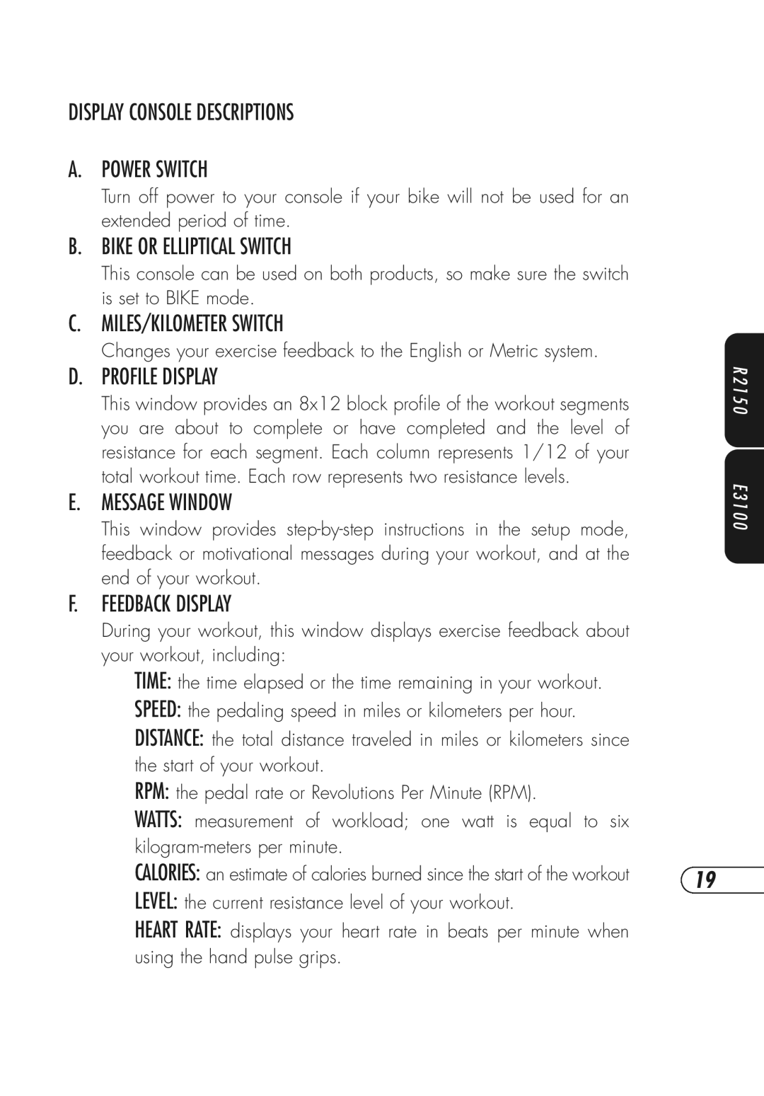 Vision Fitness Fitness Bike manual Display Console Descriptions Power Switch, Bike or Elliptical Switch, Message Window 