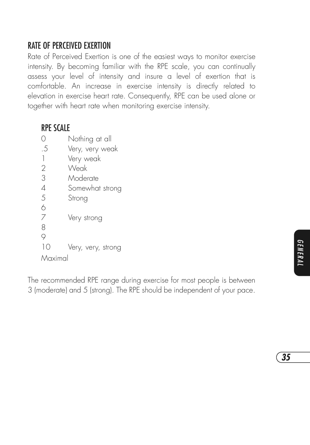 Vision Fitness Fitness Bike manual Rate of Perceived Exertion, RPE Scale 