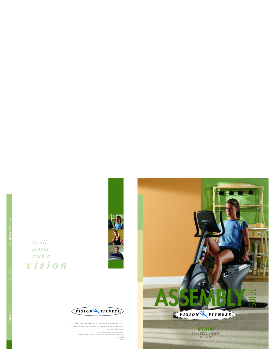 Vision Fitness R1500 manual Assembly Guide, v i s i o n, i t a l l s t a r t s w i t h a, Semi-Recumbent Fitness Bike 