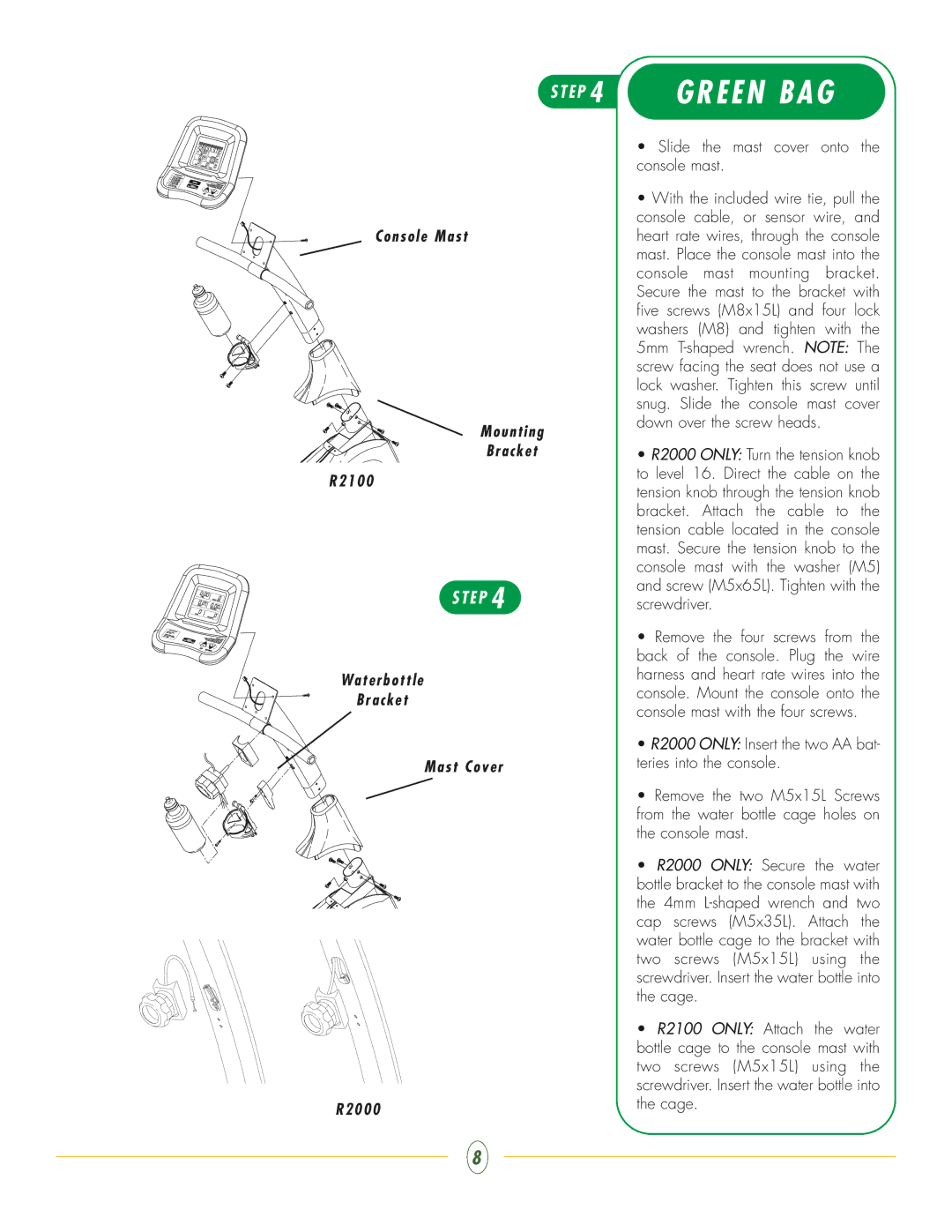 Vision Fitness R2000, R2100 manual E P 4 Green BAG, Waterbottle Bracket Mast Cover 0 0 