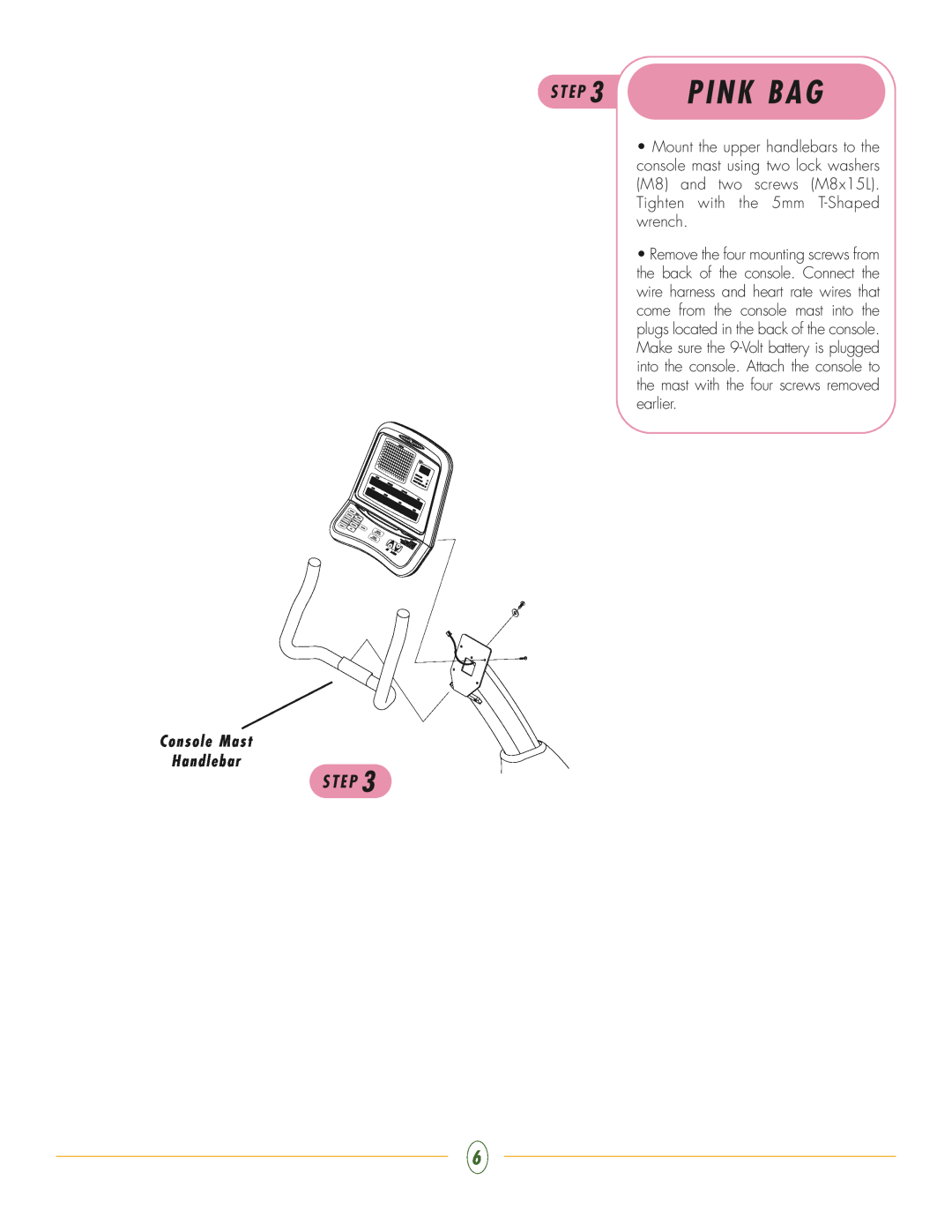 Vision Fitness R2650HRT manual Pink Bag, Console Mast Handlebar, S T E P 