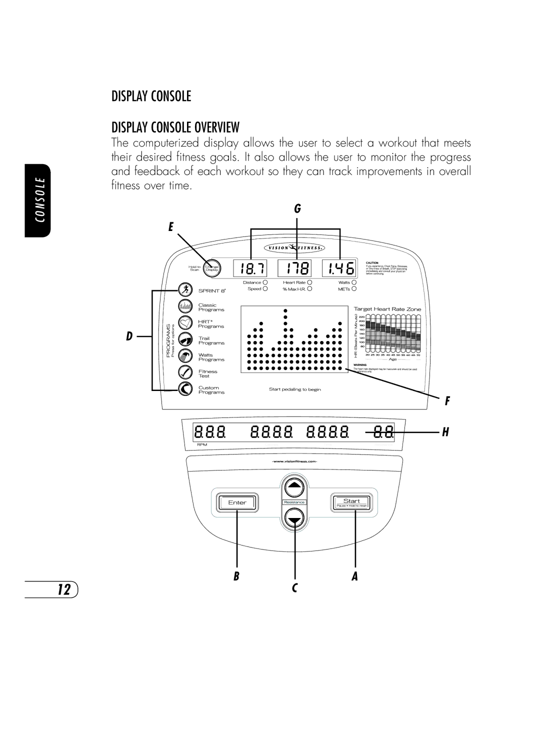 Vision Fitness R70 manual Display Console Display Console Overview 
