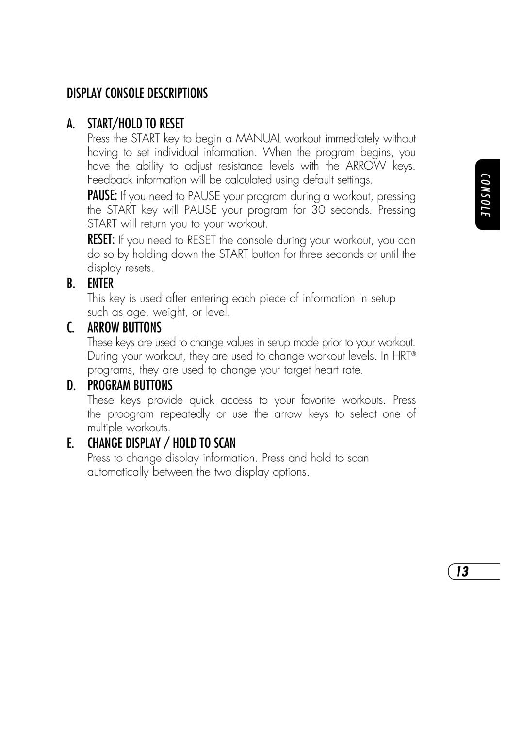 Vision Fitness R70 manual Display Console Descriptions START/HOLD to Reset, Enter, Arrow Buttons, Program Buttons 