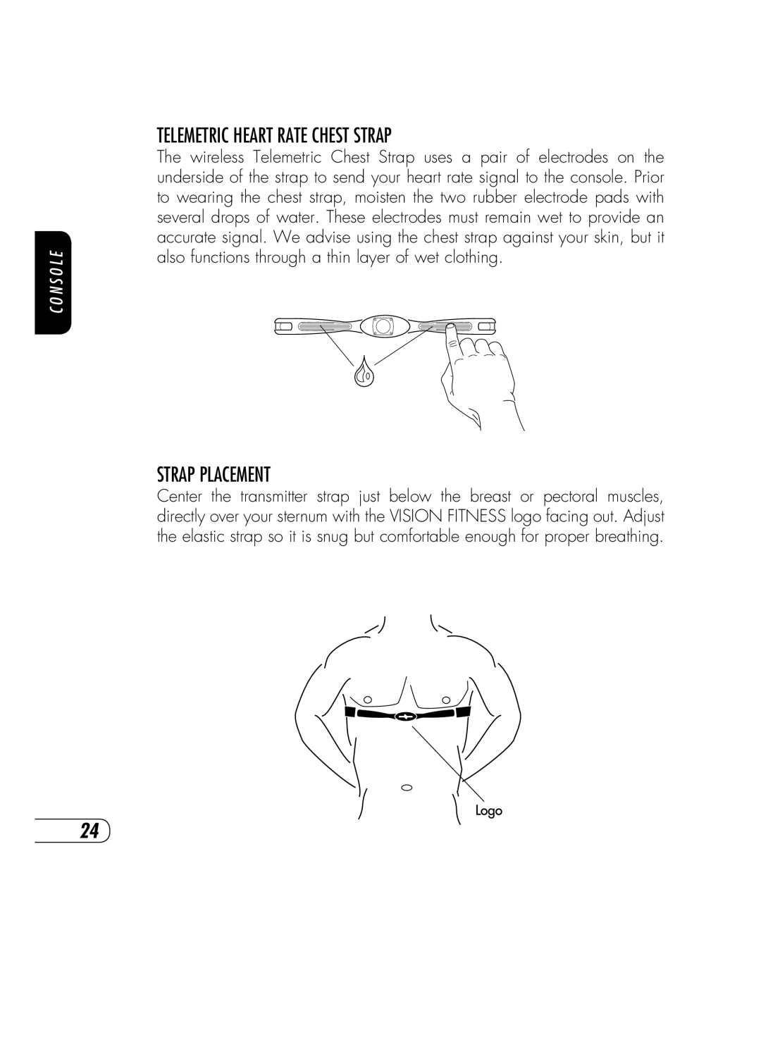 Vision Fitness R70 manual Telemetric Heart Rate Chest Strap, Strap Placement 