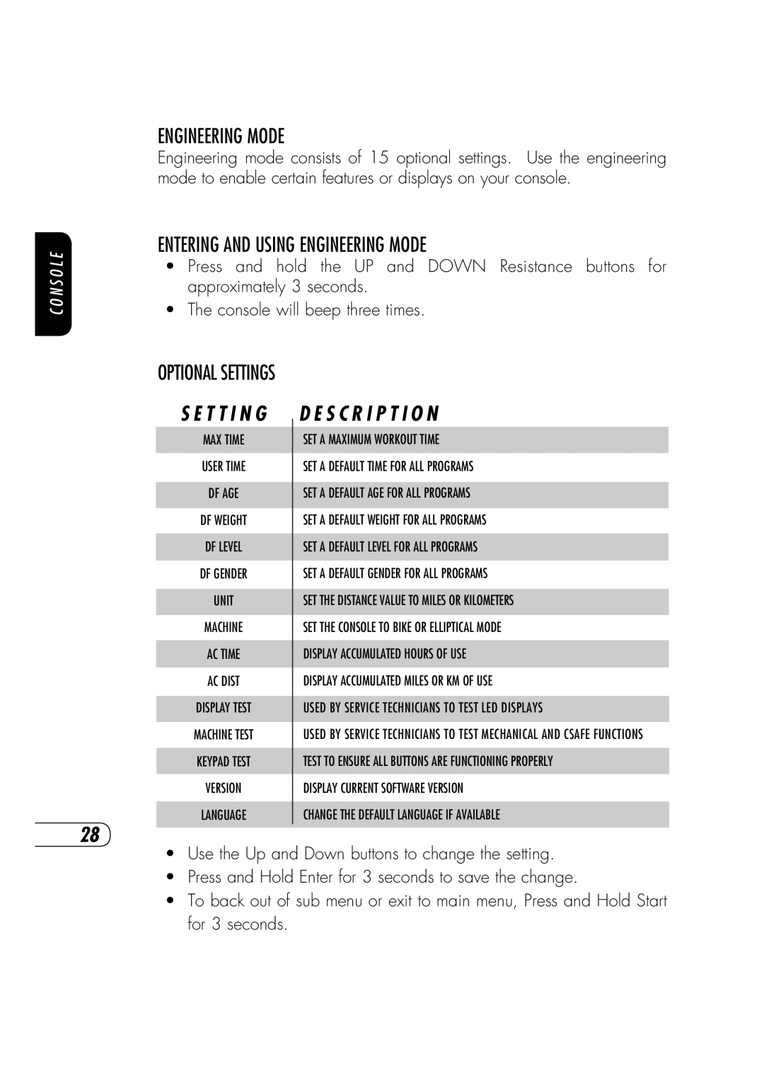 Vision Fitness R70 manual Entering and Using Engineering Mode 