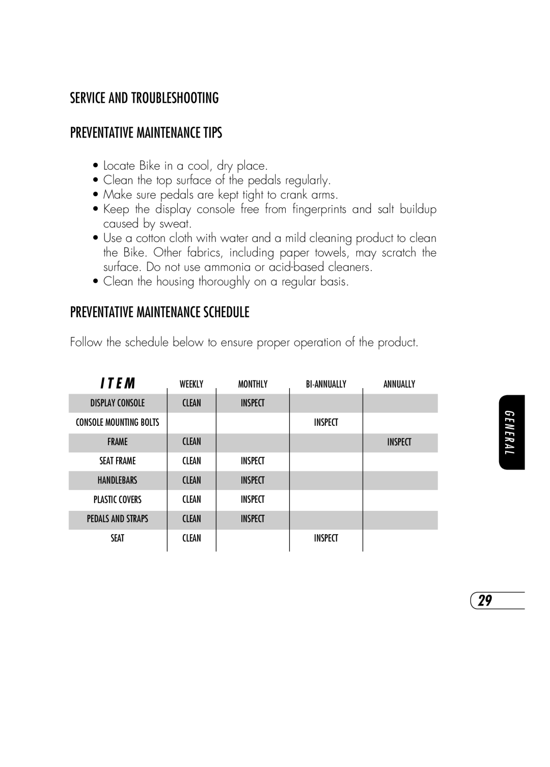 Vision Fitness R70 manual Service and Troubleshooting Preventative Maintenance Tips, Preventative Maintenance Schedule 