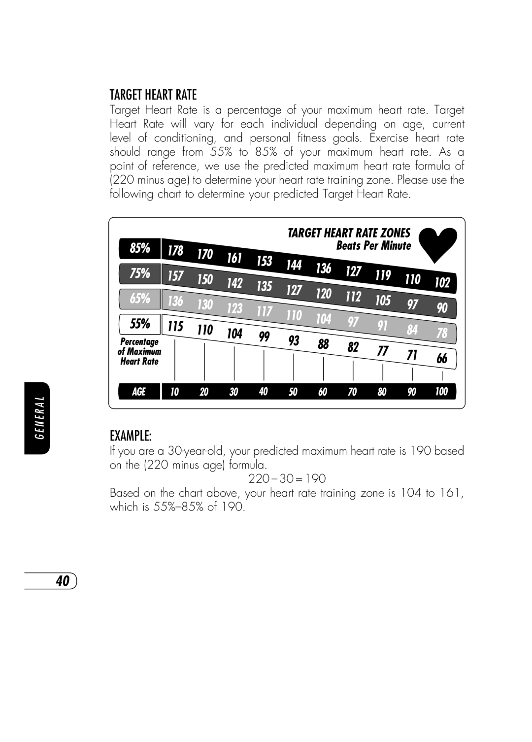 Vision Fitness R70 manual Target Heart Rate, Example 