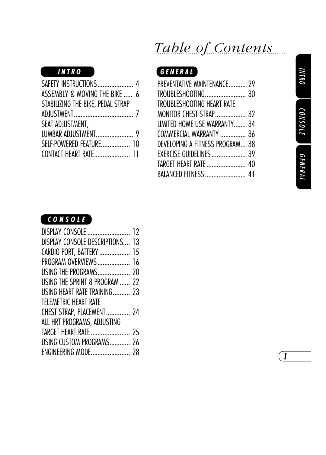 Vision Fitness R70 manual Table of Contents 