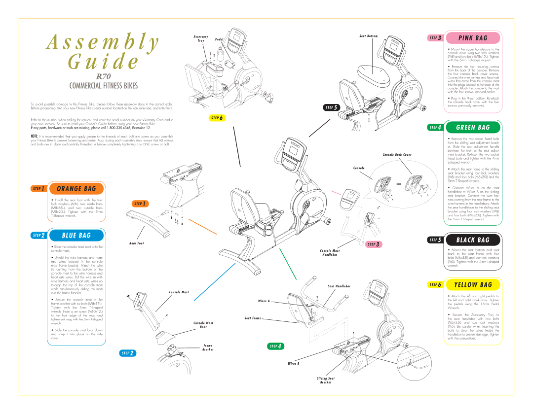 Vision Fitness R70 manual Orange BAG, E P 4 Green BAG, E P 5 Black BAG, E P 6 Yellow BAG, Pink BAG 
