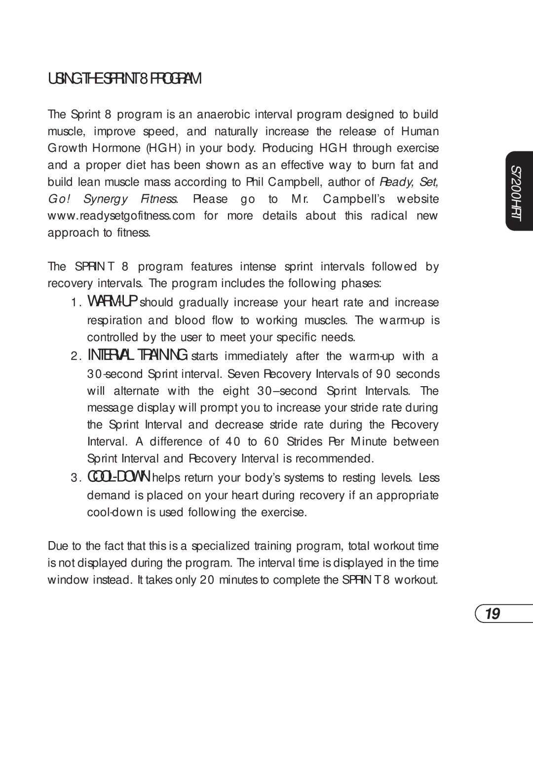 Vision Fitness S7200HRT manual Using the Sprint 8 Program 