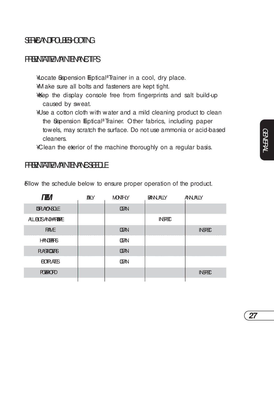 Vision Fitness S7200HRT manual Service and Troubleshooting Preventative Maintenance Tips, Preventative Maintenance Schedule 