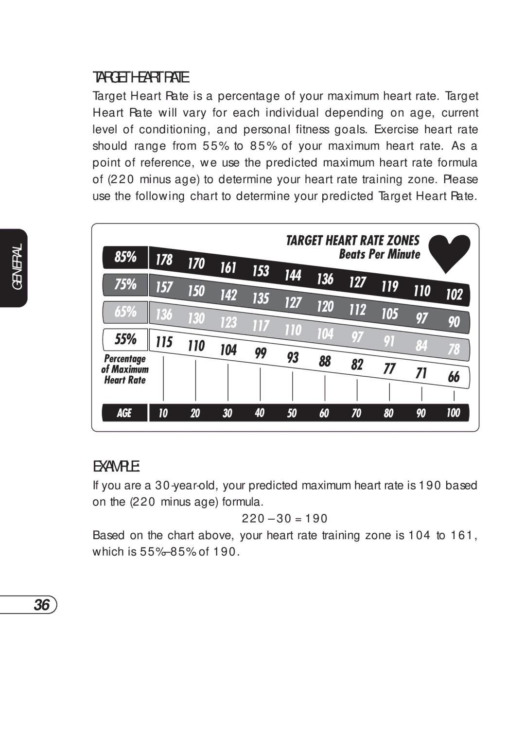 Vision Fitness S7200HRT manual Target Heart Rate, Example 