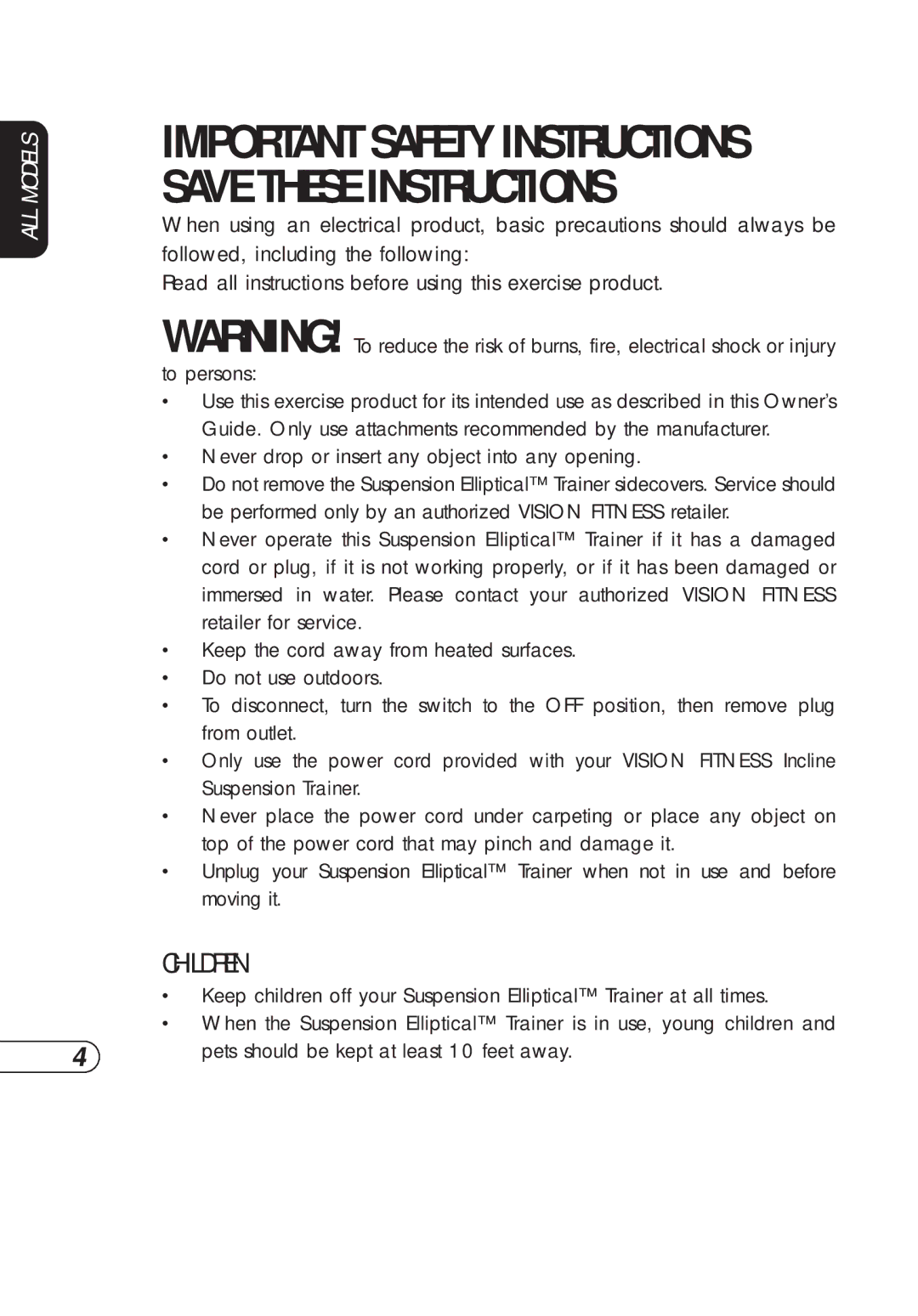 Vision Fitness S7200HRT manual Important Safety Instructions Save These Instructions, Children 