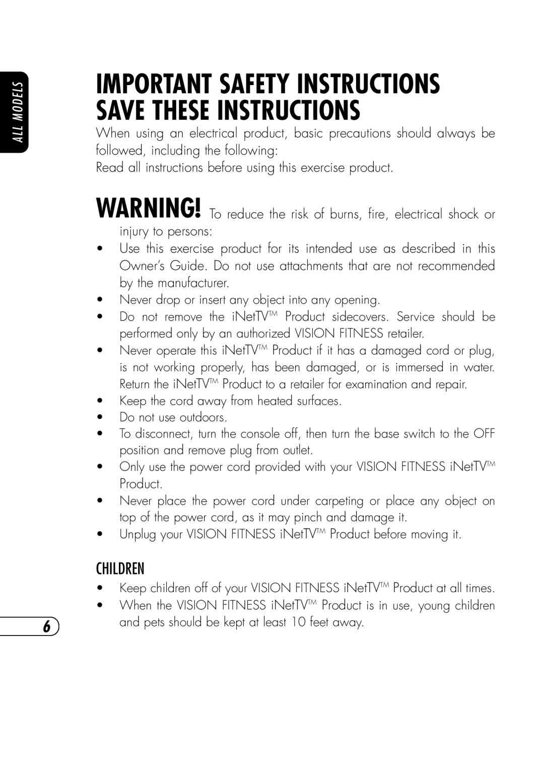 Vision Fitness NetTVX6600i, SE3600i, NetTV General manual Important Safety Instructions Save These Instructions, Children 