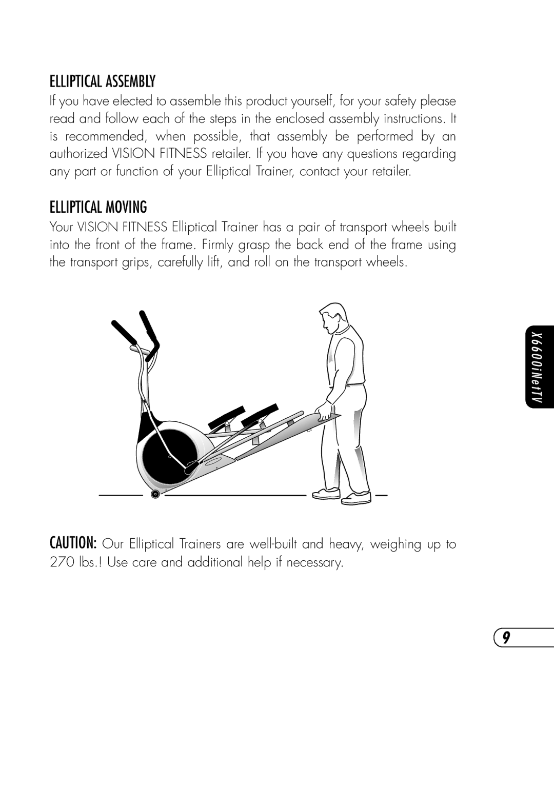 Vision Fitness NetTV General, SE3600i, NetTVX6600i, NetTVR2600i manual Elliptical Assembly, Elliptical Moving 