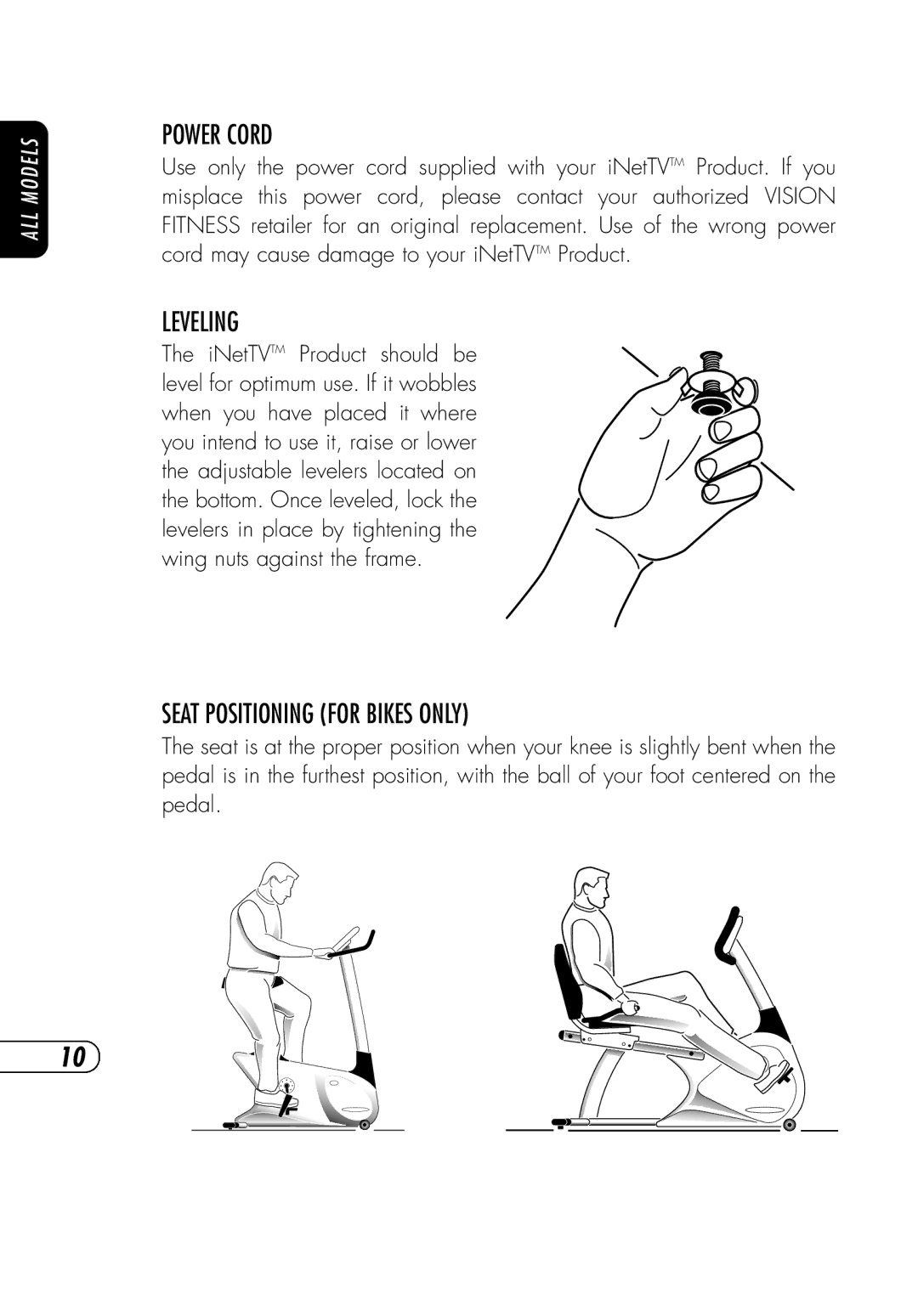Vision Fitness NetTVX6600i, SE3600i, NetTV General, NetTVR2600i manual Power Cord, Leveling, Seat Positioning for Bikes only 
