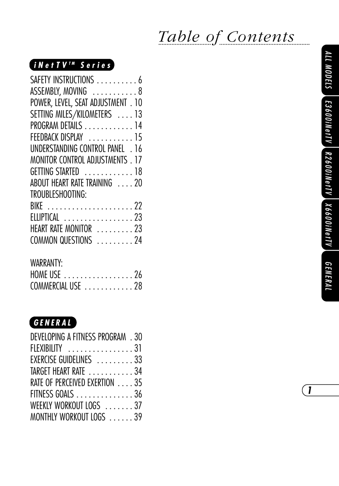 Vision Fitness NetTV General, SE3600i, NetTVX6600i, NetTVR2600i manual Table of Contents 