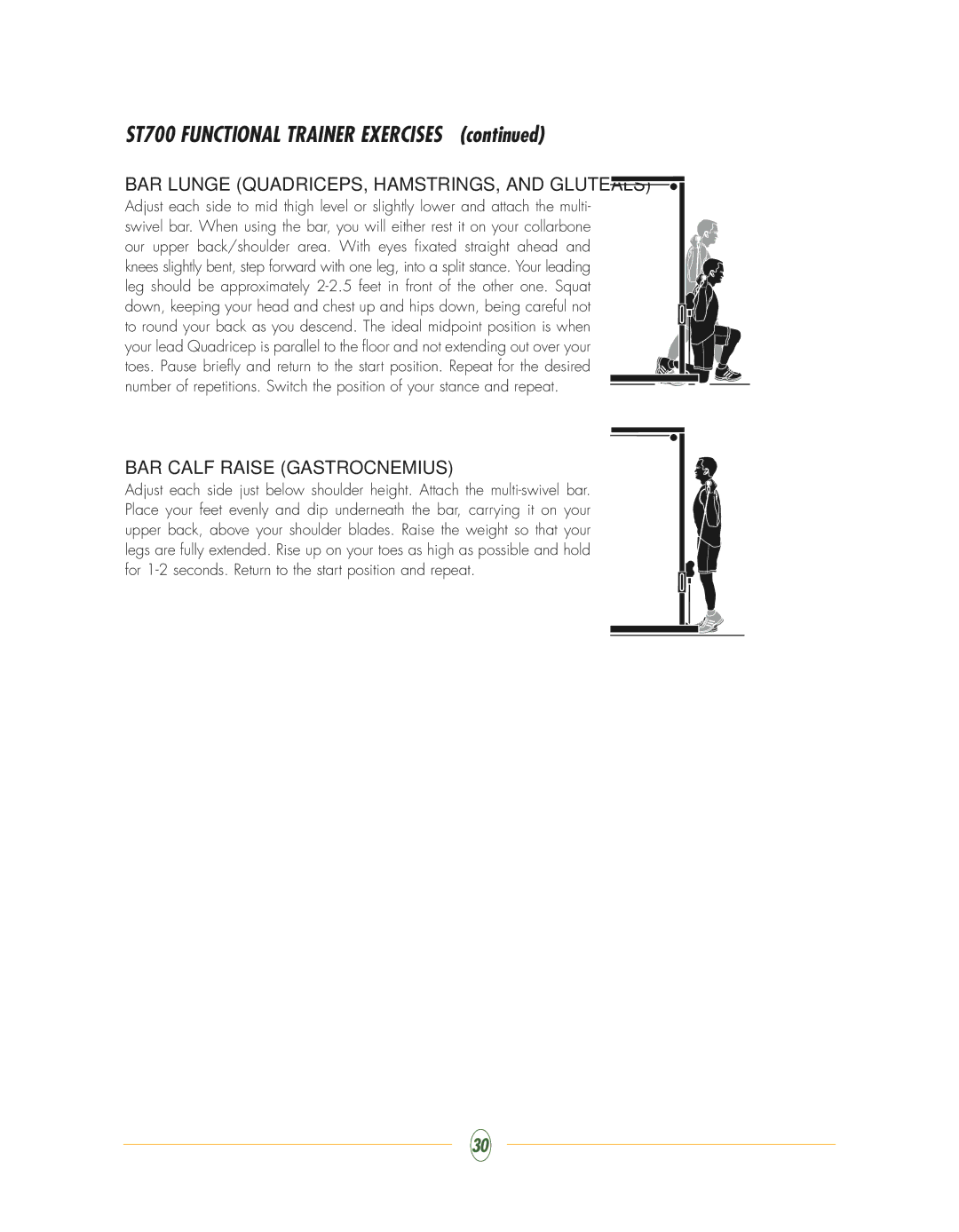 Vision Fitness ST700 manual BAR Lunge QUADRICEPS, HAMSTRINGS, and Gluteals, BAR Calf Raise Gastrocnemius 