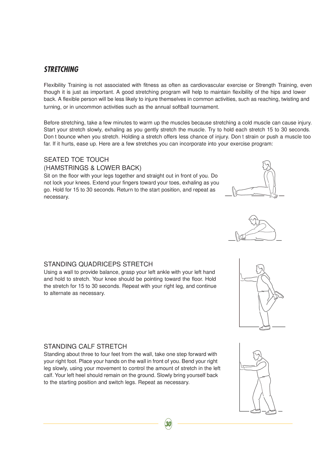 Vision Fitness ST710 manual Stretching, Standing Quadriceps Stretch, Standing Calf Stretch 