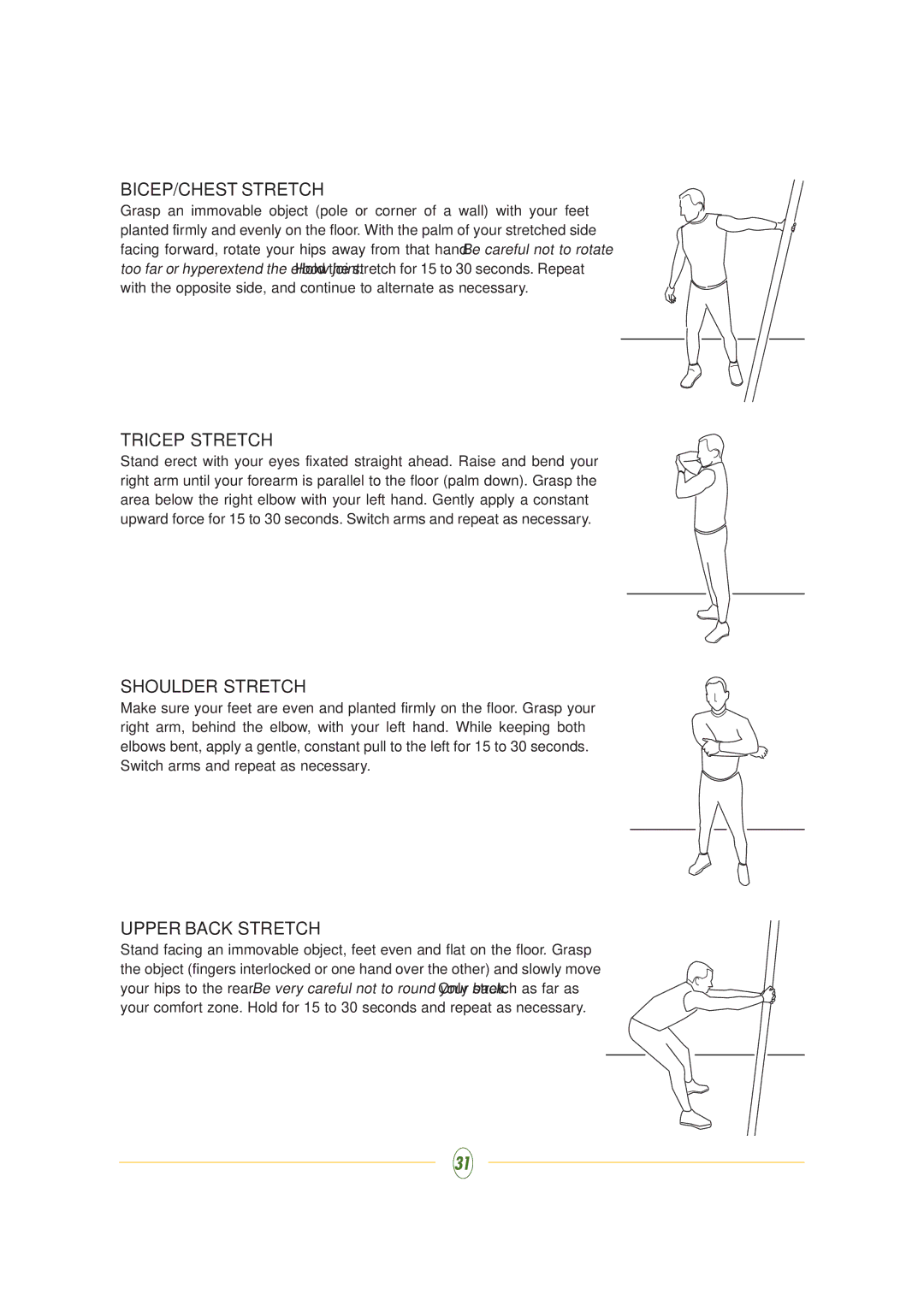 Vision Fitness ST710 manual BICEP/CHEST Stretch, Tricep Stretch, Shoulder Stretch, Upper Back Stretch 