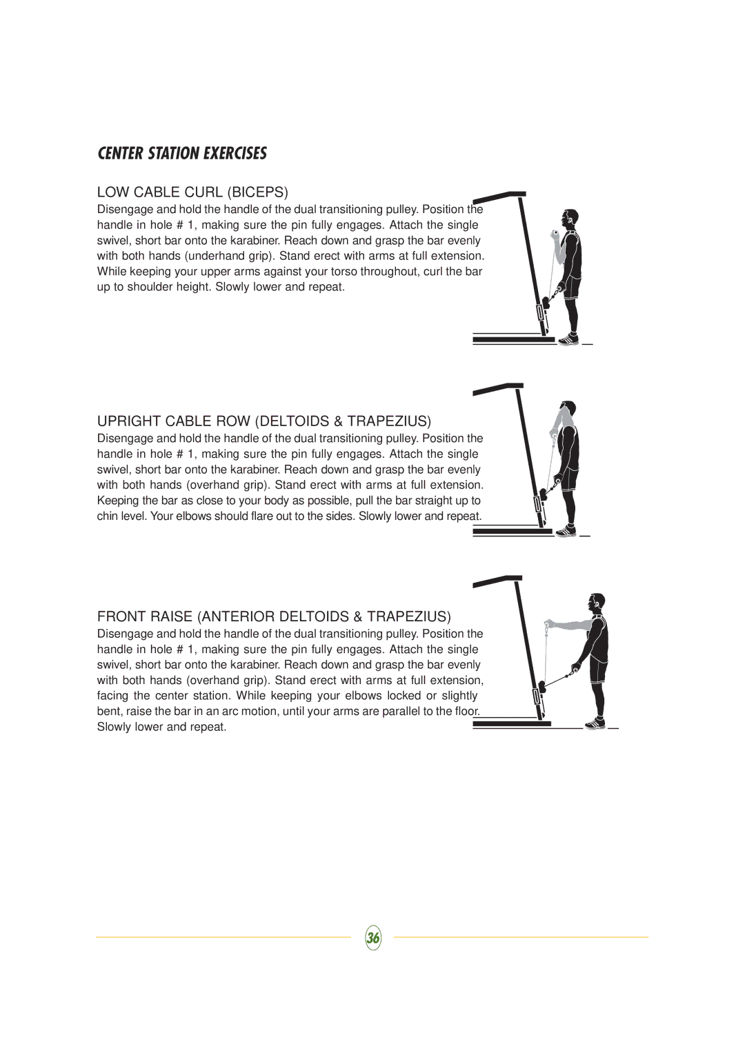 Vision Fitness ST710 manual Center Station Exercises, LOW Cable Curl Biceps, Upright Cable ROW Deltoids & Trapezius 