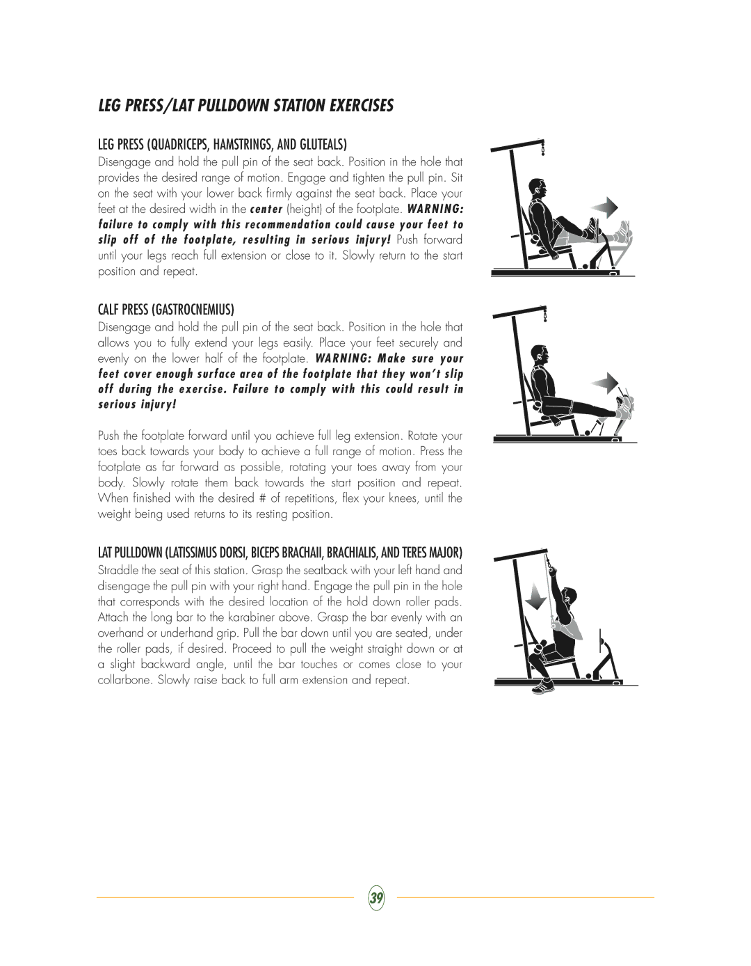 Vision Fitness ST710 manual LEG PRESS/LAT Pulldown Station Exercises, LEG Press QUADRICEPS, HAMSTRINGS, and Gluteals 