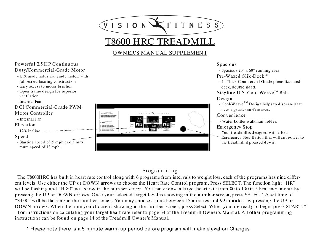 Vision Fitness T8600HRC manual T8600 HRC Treadmill 